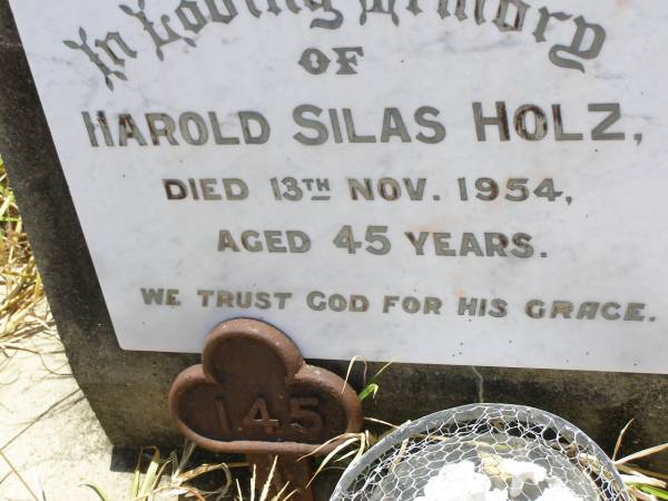 Harold Silas HOLZ,  | died 13 Nov 1954 aged 45 years;  | Milbong St Luke's Lutheran cemetery, Boonah Shire  | 