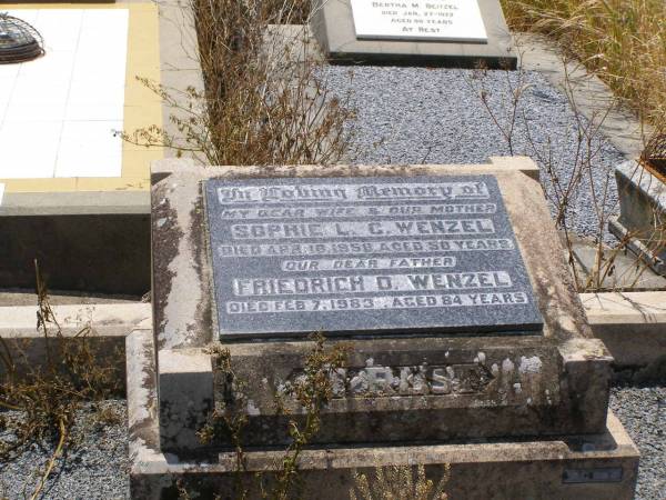 Sophie L.C. WENZEL,  | wife mother,  | died 16 Apr 1958 aged 58 years;  | Friedrich D. WENZEL,  | father,  | died 7 Feb 1983 aged 84 years;  | Milbong St Luke's Lutheran cemetery, Boonah Shire  | 