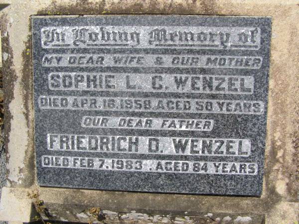 Sophie L.C. WENZEL,  | wife mother,  | died 16 Apr 1958 aged 58 years;  | Friedrich D. WENZEL,  | father,  | died 7 Feb 1983 aged 84 years;  | Milbong St Luke's Lutheran cemetery, Boonah Shire  | 
