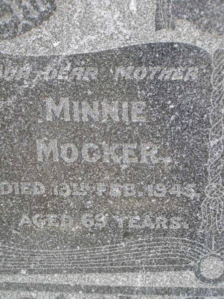 Minnie MOCKER,  | mother,  | died 13? Feb 1945 aged 69 years;  | Hermann Wilhelm August MOCKER,  | father,  | died 6 Nov 1946 aged 83? years;  | Milbong St Luke's Lutheran cemetery, Boonah Shire  | 