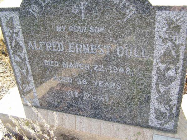 Fred Ernest (Ernie) DULL,  | son,  | died 22 March 1948 aged 36 years;  | Milbong St Luke's Lutheran cemetery, Boonah Shire  | 