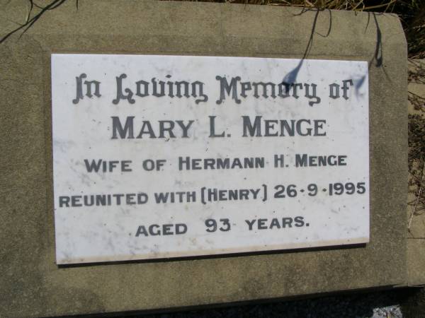 Mary L. MENGE,  | wife of Hermann H. MENGE (Henry),  | died 26-9-1995 aged 93 years;  | Milbong St Luke's Lutheran cemetery, Boonah Shire  | 