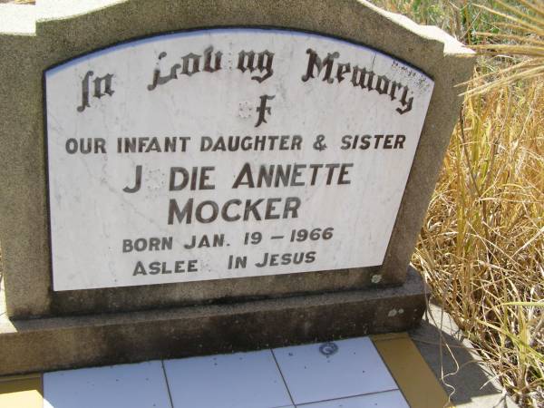 Jodie Annette MOCKER,  | infant daughter sister,  | born 19 Jan 1966;  | Milbong St Luke's Lutheran cemetery, Boonah Shire  | 