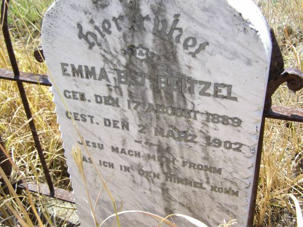 Emma B.J. BEITZEL,  | born 17 August 1889 died 2 March 1902;  | Milbong St Luke's Lutheran cemetery, Boonah Shire  | 