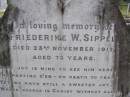
Friederike W. SIPPEL,
died 23 Nov 1917 aged 73 years;
Minden Baptist, Esk Shire
