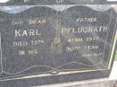 Karl PFLUGRATH, father, died 13 April 1978 in his 90th year; Minden Baptist, Esk Shire 