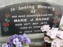 Marie J. RADKE, daughter sister, died 20 May 1973 aged 21 years; Minden Baptist, Esk Shire 