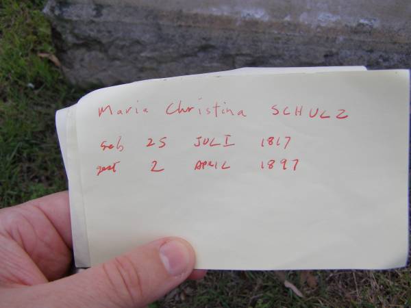Maria Christina SCHULZ,  | born 25 July 1817  | died 2 April 1897;  | Minden Baptist, Esk Shire  | 