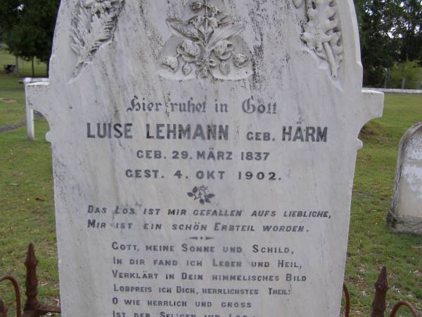 Luise LEHMANN, born HARM,  | born 29 March 1837 died 4 Oct 1902;  | Minden Baptist, Esk Shire  | 