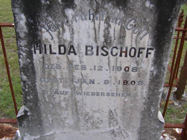 Hilda BISCHOFF,  | born 12 Feb 1908 died 9 Jan 1909;  | Minden Baptist, Esk Shire  | 