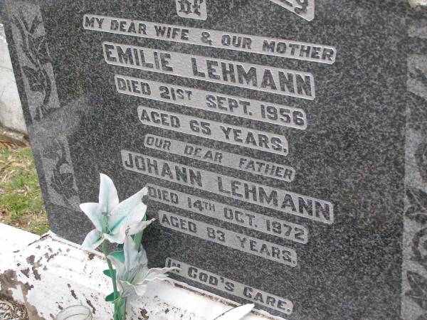 Emilie LEHMANN, wife mother,  | died 21 Sept 1956 aged 65 years;  | Johann LEHMANN, father,  | died 14 Oct 1972 aged 83 years;  | Minden Baptist, Esk Shire  | 
