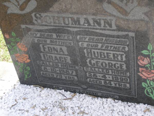 Edna Grace SCHUMANN, wife mother,  | died 8-10-1987 aged 79 years;  | Hubert George SCHUMANN, husband father,  | died 28-4-1990 aged 84 years;  | Minden Baptist, Esk Shire  | 