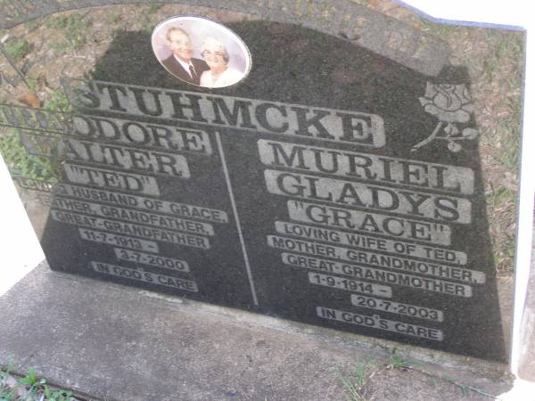 Theodore Walter (Ted) STUHMCKE,  | hsuband of Grace,  | father grandfather great-grandfather,  | 11-7-1913 - 3-7-2000;  | Muriel Gladys (Grace) STUHMCKE,  | wife of Ted,  | mother grandmother great-grandmother,  | 1-9-1914 - 20-7-2003;  | Minden Baptist, Esk Shire  | 