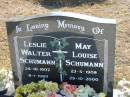 
Leslie Walter SCHUMANN
b: 24 Oct 1907, d: 9 Jan 1989
May Louise SCHUMANN
b: 23 May 1908, d: 29 Oct 2000
Minden Zion Lutheran Church Cemetery
