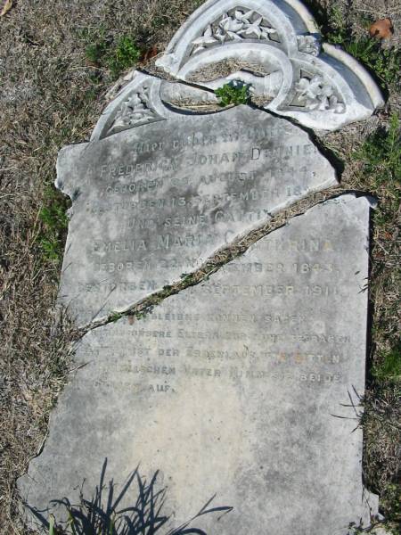 Frederick Johan DENNIEN  | b: 29 Aug 1844, d: 13 Sep 1889  | (wife) Emelia Maria Cathrina  | b: 22 Nov 1843, d: 27 Sep 1911  | Minden Zion Lutheran Church Cemetery  | 