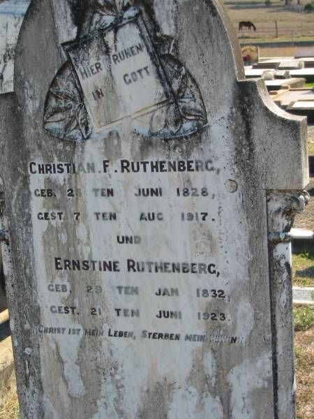 Christian F RUTHENBERG  | b: 28 Jun 1828, d: 7 Aug 1917  | Ernstine RUTHENBERG  | b: 20? Jan 1832, d: 21 Jun 1923  | Minden Zion Lutheran Church Cemetery  | 