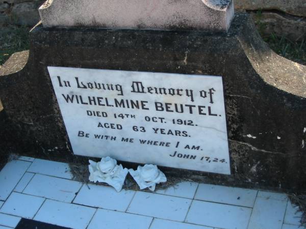 Wilhelmine BEUTEL  | 14 Oct 1912, aged 63  | Minden Zion Lutheran Church Cemetery  | 