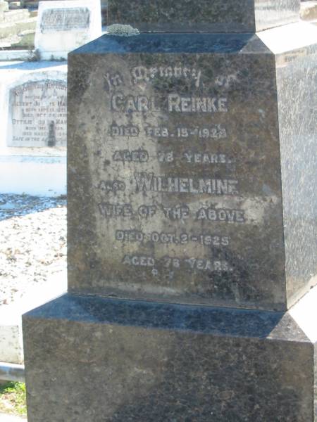 Carl REINKE  | 15 Feb 1925, aged 78  | (wife) Wilhelmine (REINKE)  | 2 Oct 1925, aged 78  | Minden Zion Lutheran Church Cemetery  | 
