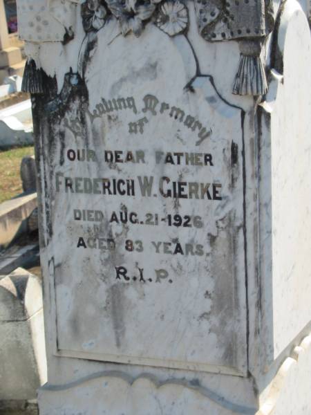 Frederich W GIERKE  | 21 Aug 1926, aged 83  | Minden Zion Lutheran Church Cemetery  | 