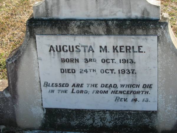 Augusta M KERLE  | b: 3 Oct 1913, d: 24 Oct 1937  | Minden Zion Lutheran Church Cemetery  | 