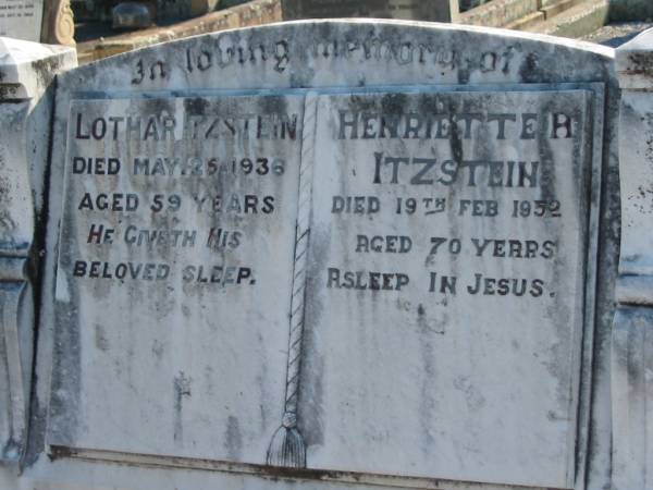 Lothar ITZSTEIN  | 25 May 1936, aged 59  | Henriette A ITZSTEIN  | 19 Feb 1952, aged 70  | Minden Zion Lutheran Church Cemetery  | 