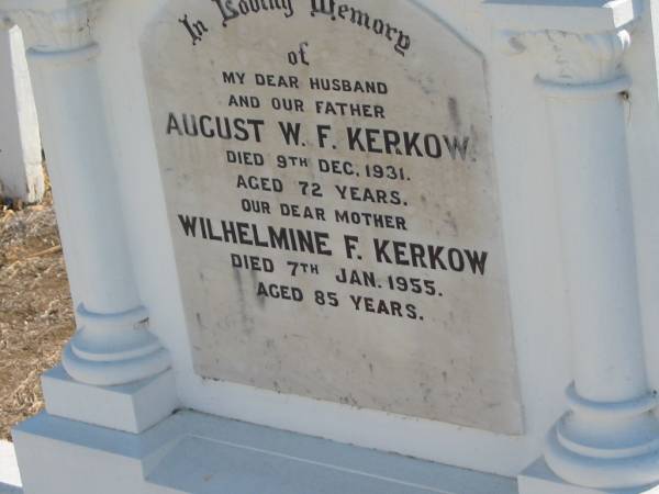 August W F KERKOW  | 9 Dec 1931, aged 72  | Wilhelmine F KERKOW  | 7 Jan 1955, aged 85  | Minden Zion Lutheran Church Cemetery  | 