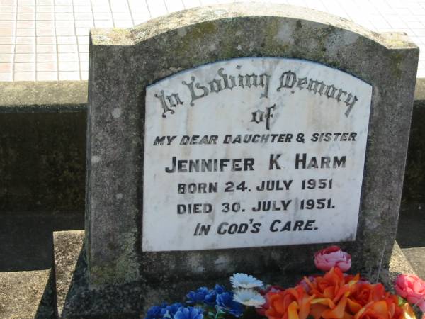 Jennifer K HARM  | b: 24 Jul 1951, b: 30 Jul 1951  | Minden Zion Lutheran Church Cemetery  | 