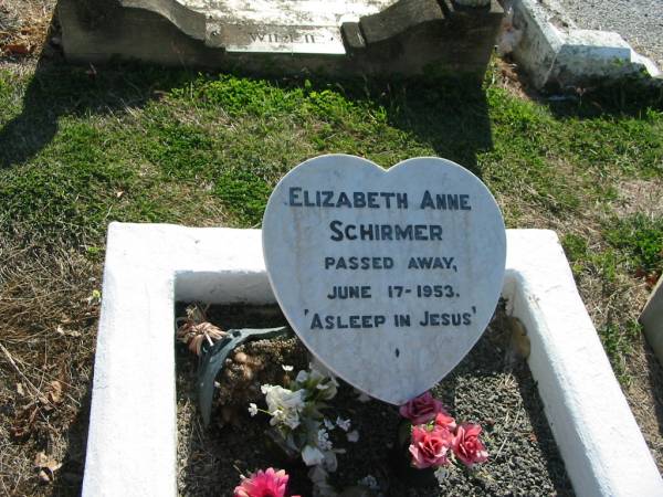 Elizabeth Anne SCHIRMER  | 17 Jun 1953  | daughter of pastor Adolf and Thelma SCHIRMER  | sister of Paul, Martin, Cynthia, Heather and Warren  | Minden Zion Lutheran Church Cemetery  | 
