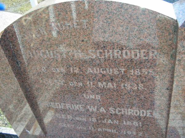 August H SCHRODER  | b: 12 Aug 1855, d: 11 May 1938  | Friederike W A SCHRODER  | b: 18 Jan 1861, 11 Apr 1942  | Minden Zion Lutheran Church Cemetery  | 