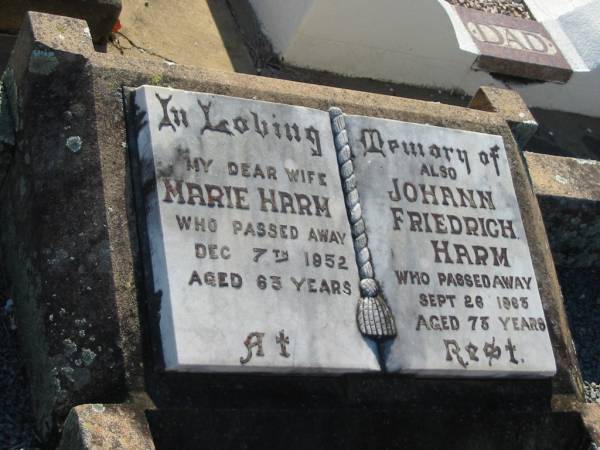 Marie HARM  | 7 Dec 1952, aged 63  | Johann Friedrich HARM  | 26 Sep 1963, aged 73  | Minden Zion Lutheran Church Cemetery  | 