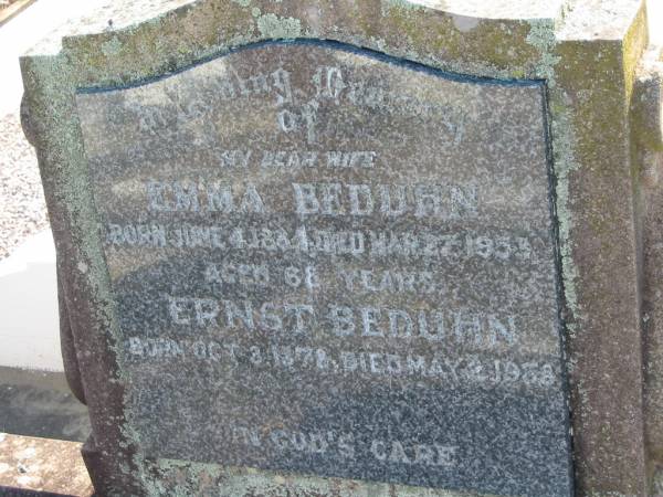 Emma BEDUHN  | b: 4 Jun 1884, d: 27 Mar 1953, aged 68  | Ernst BEDUHN  | b: 3 Oct 1878, d: 2 May 1958  | Minden Zion Lutheran Church Cemetery  | 