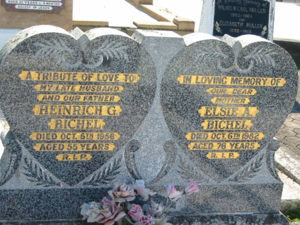 Heinrich G BICHEL  | 6 Oct 1956, aged 55  | Elsie A BICHEL  | 6 Oct 1982, aged 76  | Minden Zion Lutheran Church Cemetery  | 