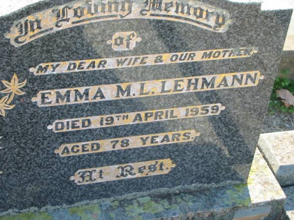 Emma M L LEHMANN  | 19 Apr 1959, aged 78  | Minden Zion Lutheran Church Cemetery  | 
