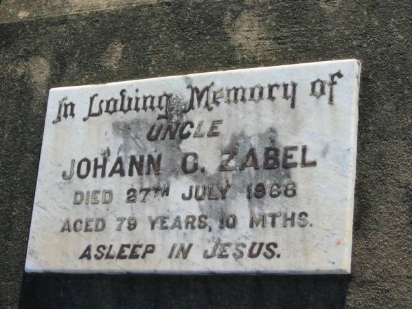 Johann G ZABEL  | 27 Jul 1966, aged 79 yrs 10 months  | Minden Zion Lutheran Church Cemetery  | 