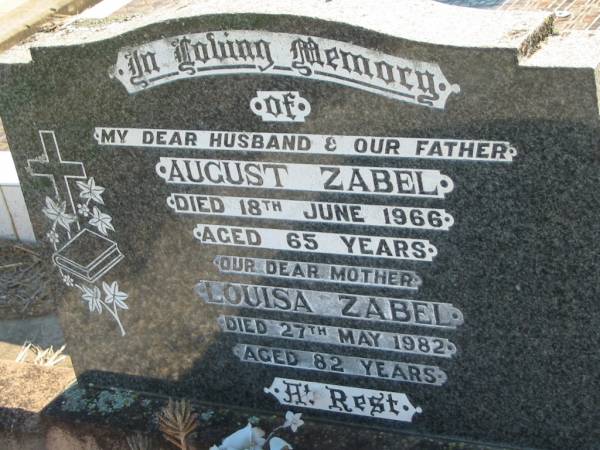 August ZABEL  | 18 Jun 1966, aged 65  | Louisa ZABEL  | 27 May 1982, aged 82  | Minden Zion Lutheran Church Cemetery  | 