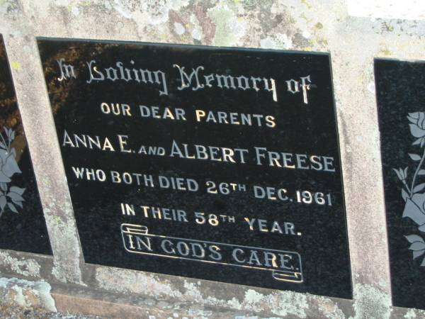 Anna E FREESE  | 26 Dec 1961, in their 58th year  | Albert FREESE  | 26 Dec 1961, in their 58th year  | Minden Zion Lutheran Church Cemetery  | 
