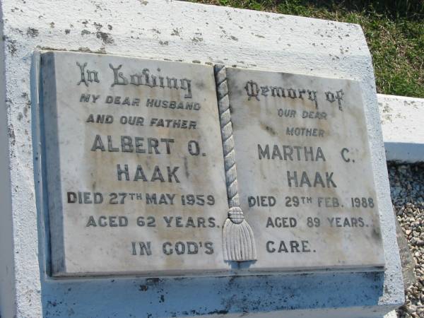 Albert O HAAK  | 27 May 1959, aged 62  | Martha C HAAK  | 29 Feb 1988, aged 89  | Minden Zion Lutheran Church Cemetery  | 