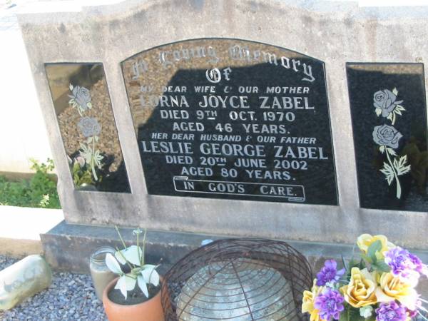 Lorna Joyce ZABEL  | 9 Oct 1970, aged 46  | Leslie George ZABEL  | 20 Jun 2002, aged 80  | Minden Zion Lutheran Church Cemetery  | 