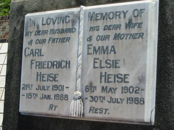 Carl Friedrich HEISE  | b: 21 Jul 1901, d: 18 Jan 1988  | Emma Elsie HEISE  | b: 6 May 1902, d: 30 Jul 1988  | Minden Zion Lutheran Church Cemetery  | 