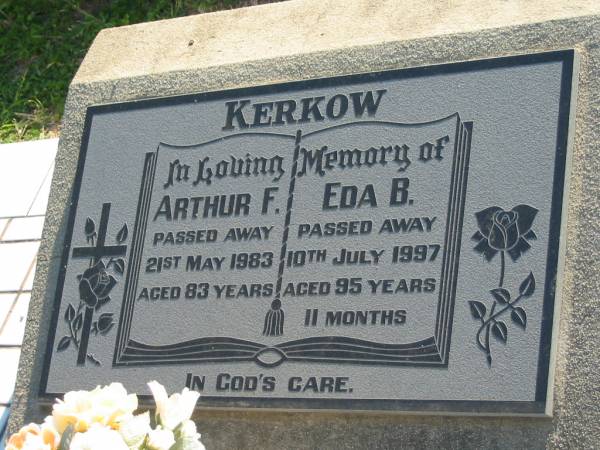 Arthur F KERKOW  | 21 May 1983, aged 83  | Eda B KERKOW  | 10 Jul 1997, aged 95 years 11 months  | Minden Zion Lutheran Church Cemetery  | 