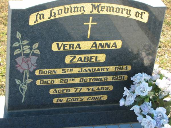 Vera Anna ZABEL  | b: 5 Jan 1914, 20 Oct 1991, aged 77  | Minden Zion Lutheran Church Cemetery  | 