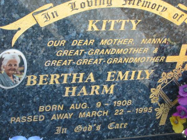 Bertha Emily HARM (Kitty)  | b: 9 Aug 1908, d: 22 Mar 1995  | Minden Zion Lutheran Church Cemetery  | 