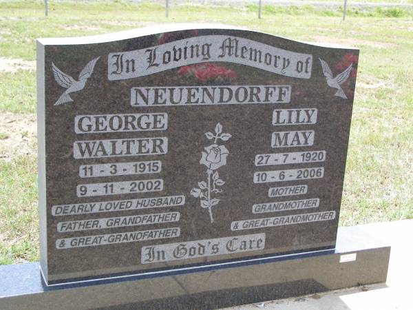 George Walter NEUENDORFF,  | 11 Mar 1915 -  9 Nov 2002,  | husband father grandfather great-grandfather;  | Lily May NEUENDORFF,  | 27-7-1920 - 10-6-2006,  | mother grandmother great-grandmother;  | Minden Zion Lutheran Church Cemetery [update]  | 