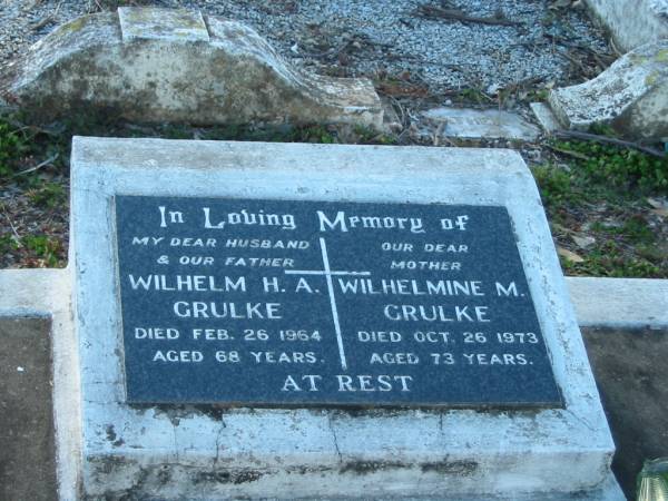 Wilhelm H A GRULKE  | 26 Feb 1964 aged 68  | Wilhelmine M GRULKE  | 26 Oct 1973 aged 73  | Minden/Coolana - St Johns Lutheran  | 