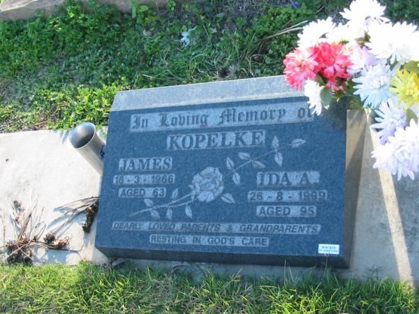 James KOPELKE  | 16 Mar 1966 aged 63  | Ida A KOPELKE  | 26 Aug 1999 aged 95  | Minden/Coolana - St Johns Lutheran  | 