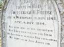 
Friederika H. FREESE, nee OSTROVSKI,
born 13 Nov 1843 died 4 Nov 1894;
St Johns Evangelical Lutheran Church, Minden, Esk Shire

