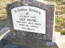 
Lily HEISE, wife,
died 21 Nov 1943 aged 26 years;
St Johns Evangelical Lutheran Church, Minden, Esk Shire
