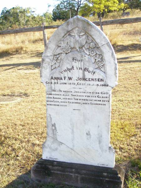 Anna F.W. JORGENSEN,  | born 23 June 1872 died 19 Jan 1902;  | St Johns Evangelical Lutheran Church, Minden, Esk Shire  | 