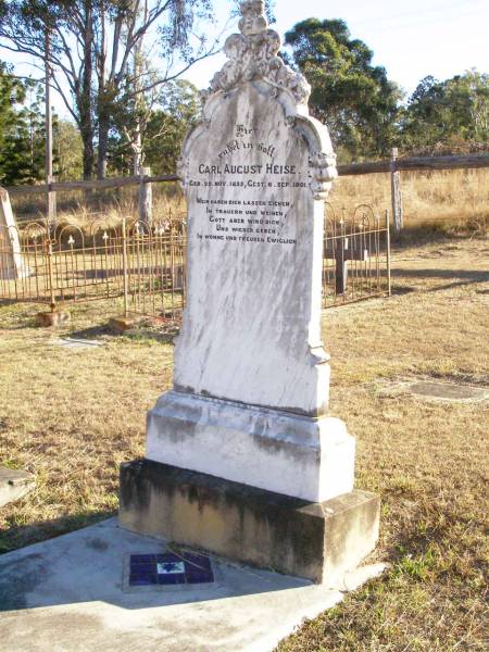 Carl August HEISE,  | born 29 Nov 1833 died 6 Sept 1901;  | St Johns Evangelical Lutheran Church, Minden, Esk Shire  | 