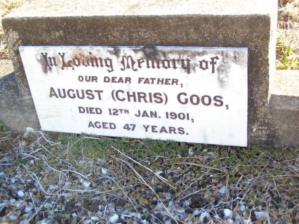 August (Christ) GOOS, father,  | died 12 Jan 1901 aged 47 years;  | St Johns Evangelical Lutheran Church, Minden, Esk Shire  | 